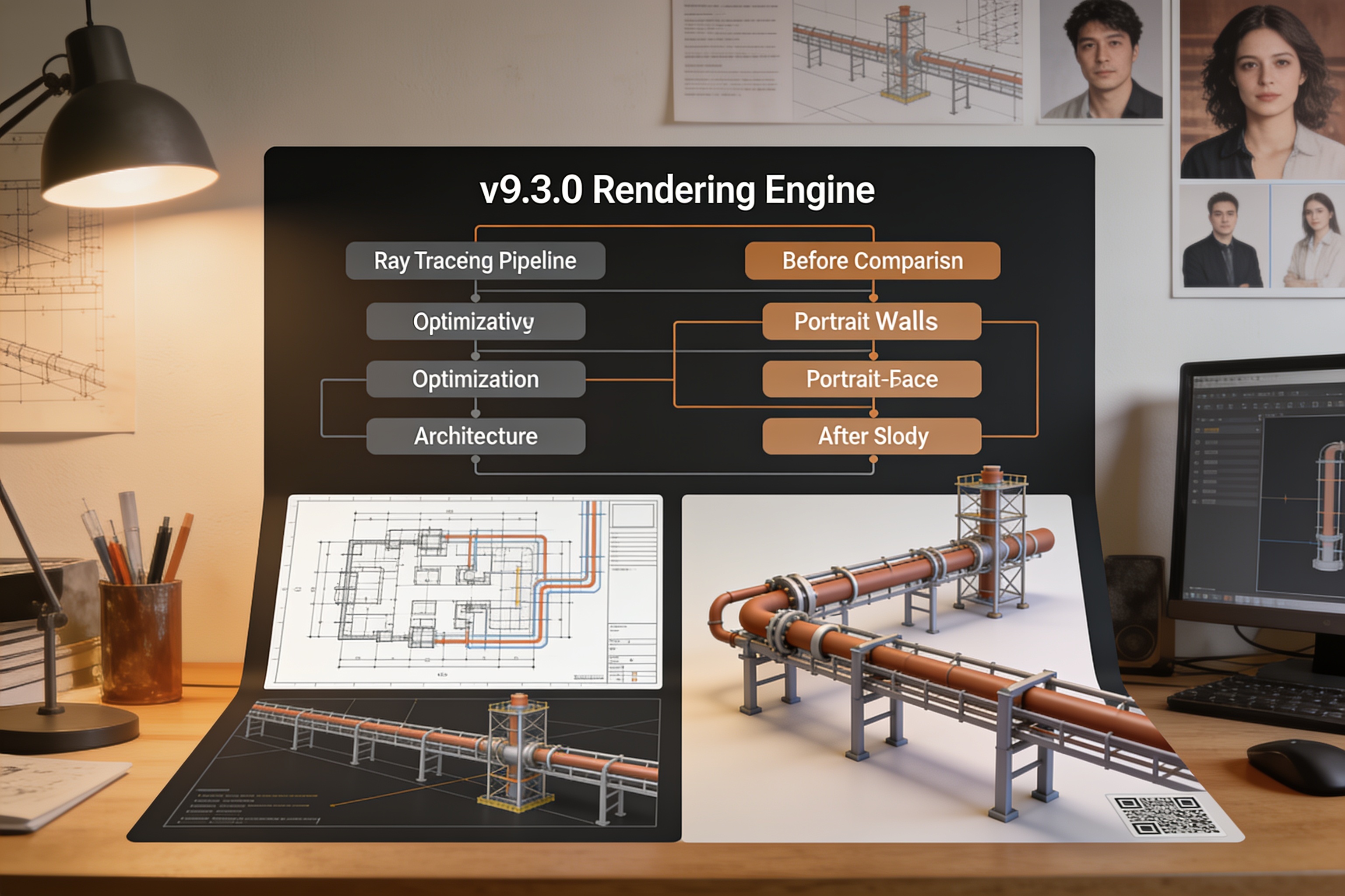 v9.3.0渲染引擎架构示意图，展示光线追踪管线优化前后对比