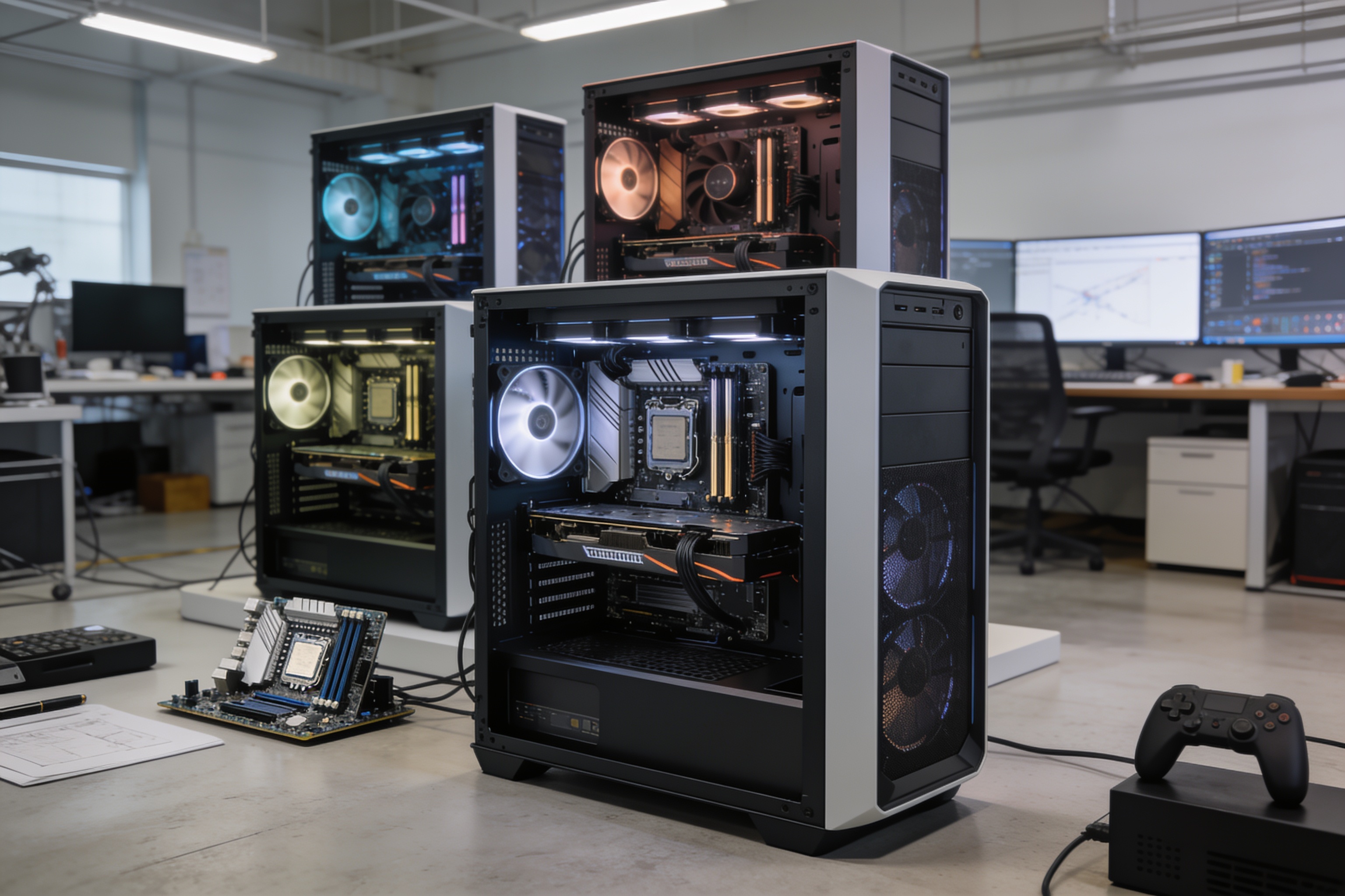 3dmax9喷射2d3d8硬件测试环境实拍，展示配置有不同档位显卡和处理器的工作站机箱内部布局